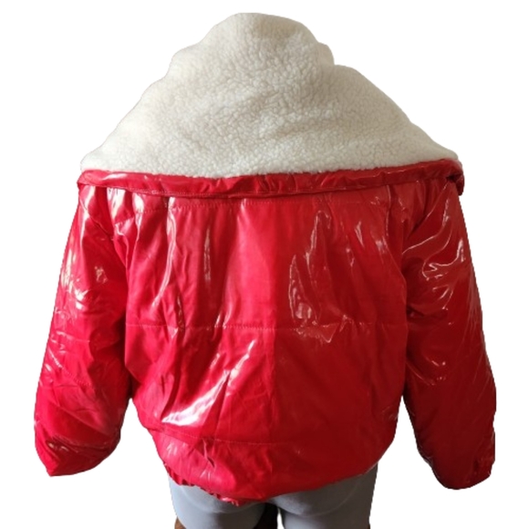 VARSITY STYLE PUFFER ☆ RED FAUX PATENT LEATHER ☆ SHERPA ☆ JACKET ☆ 2x ☆ NWT - Picture 4 of 7